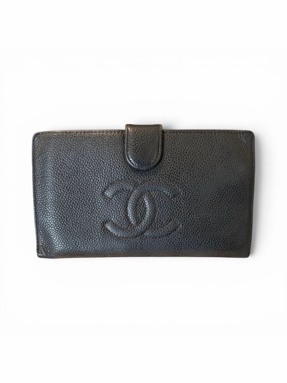 Chanel Black Caviar Leather Bifold Long Wallet Kisslock Coin Purse Gold CC